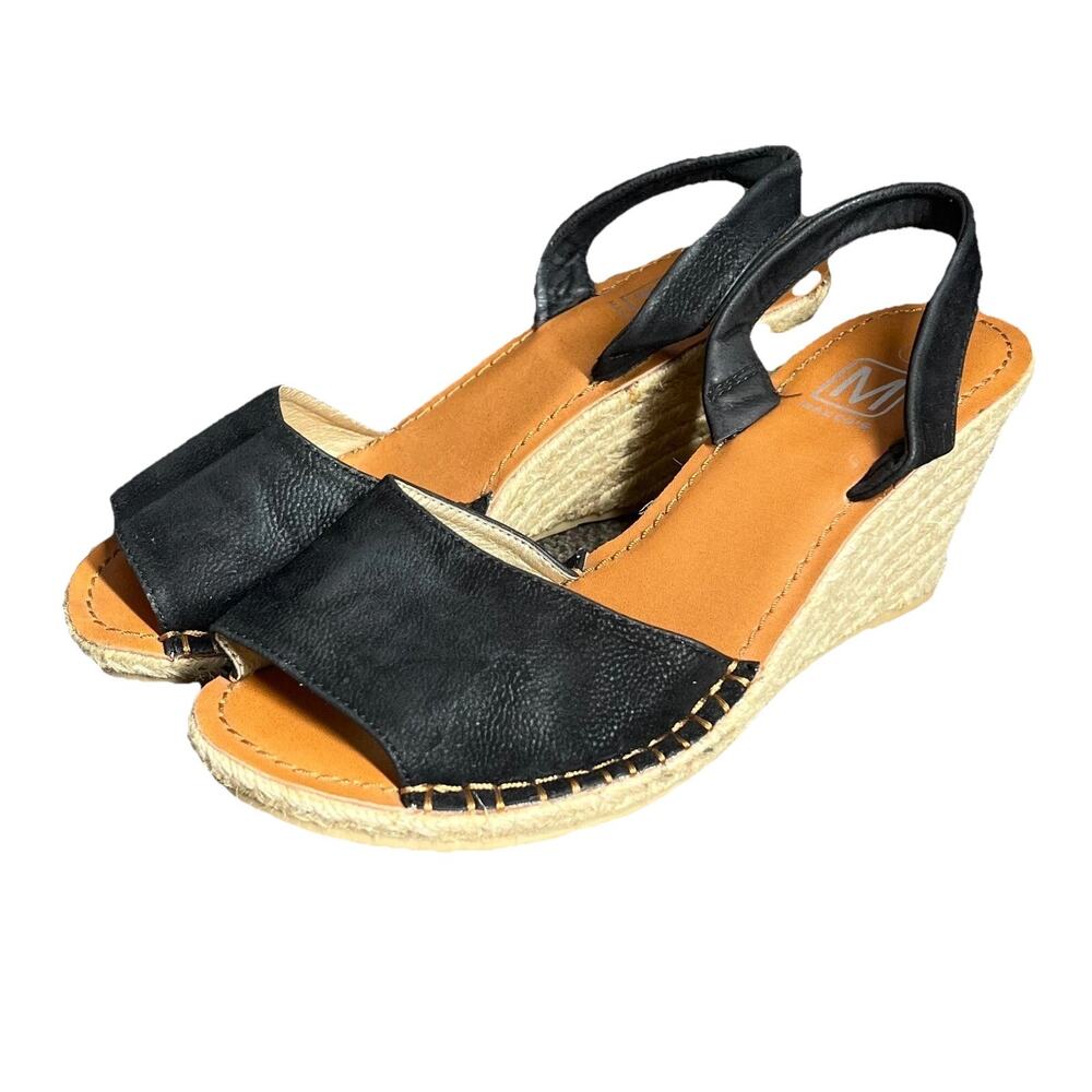 Makers Espadrille Wedge Sandals Womens 8 Black Sling Back Jute Boho Chic Summer